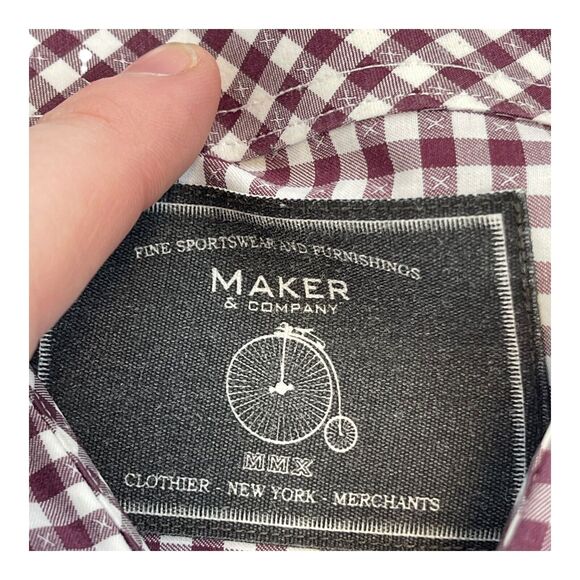 Maker & Company Men's XL Maroon White Check 100% Cotton Collared Button Dow - Picture 7 of 7